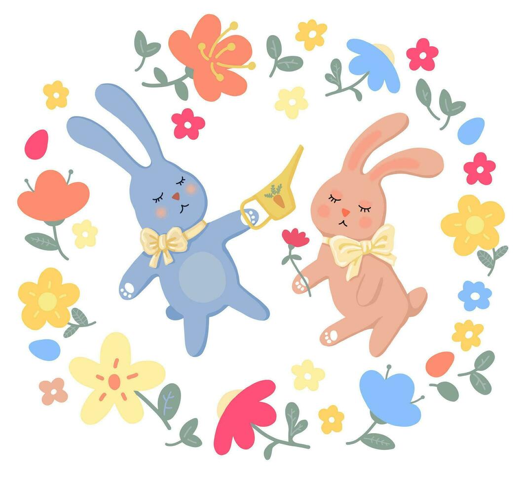 vecteur ensemble de mignonne printemps dessin animé jardiniers lapins, les plantes et fleurs. Pâques dans le jardin. collection de album éléments. bébé style illustration