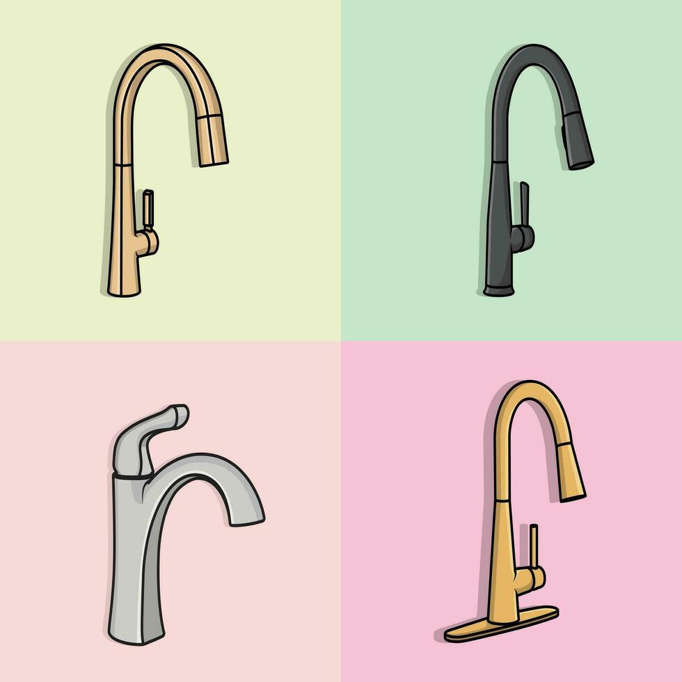 ensemble de coloré acier l'eau la fourniture robinets pour salle de bains et cuisine évier vecteur illustration.
