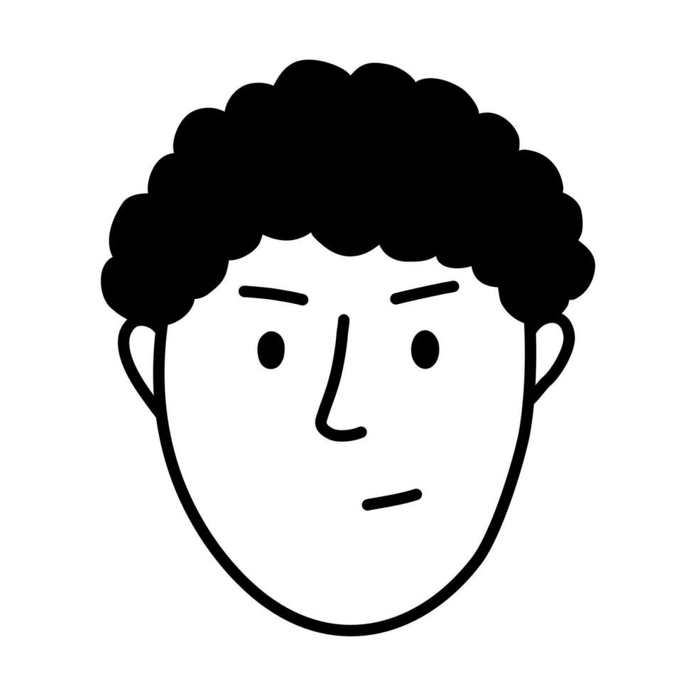 mécontenter Jeune Masculin tête avec frisé cheveux coiffant. marrant vecteur illustration dans ligne griffonnage style