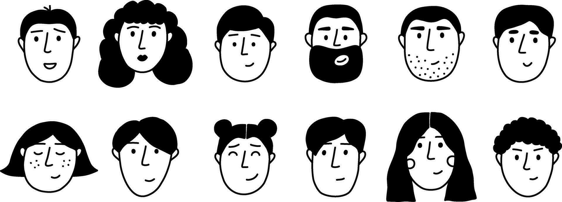 positif et neutre mignonne visages ensemble. vecteur illustration avec la diversité ou différent émotions concept dans ligne griffonnage style
