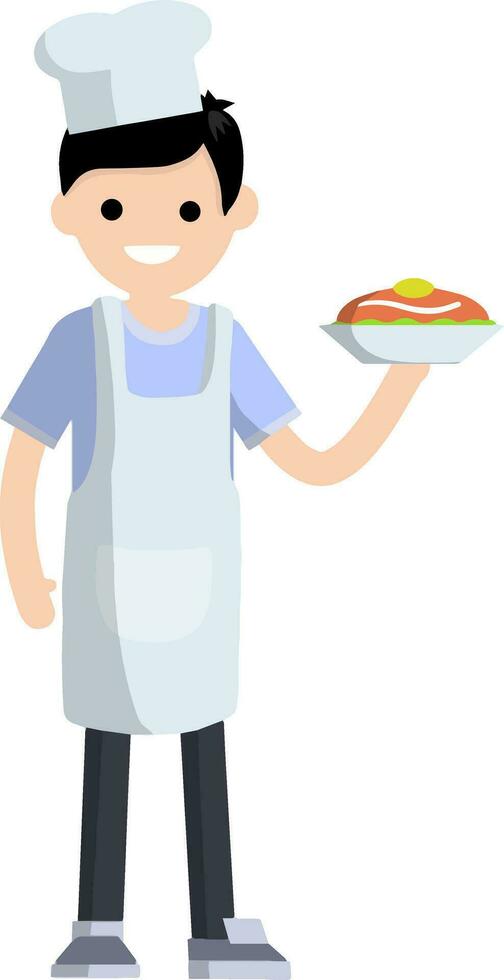 chef dans blanc tablier et casquette avec assiette de aliments. travail dans les cafés et restaurant. gentil de profession. le homme cuit repas sur plat. dessin animé plat illustration vecteur