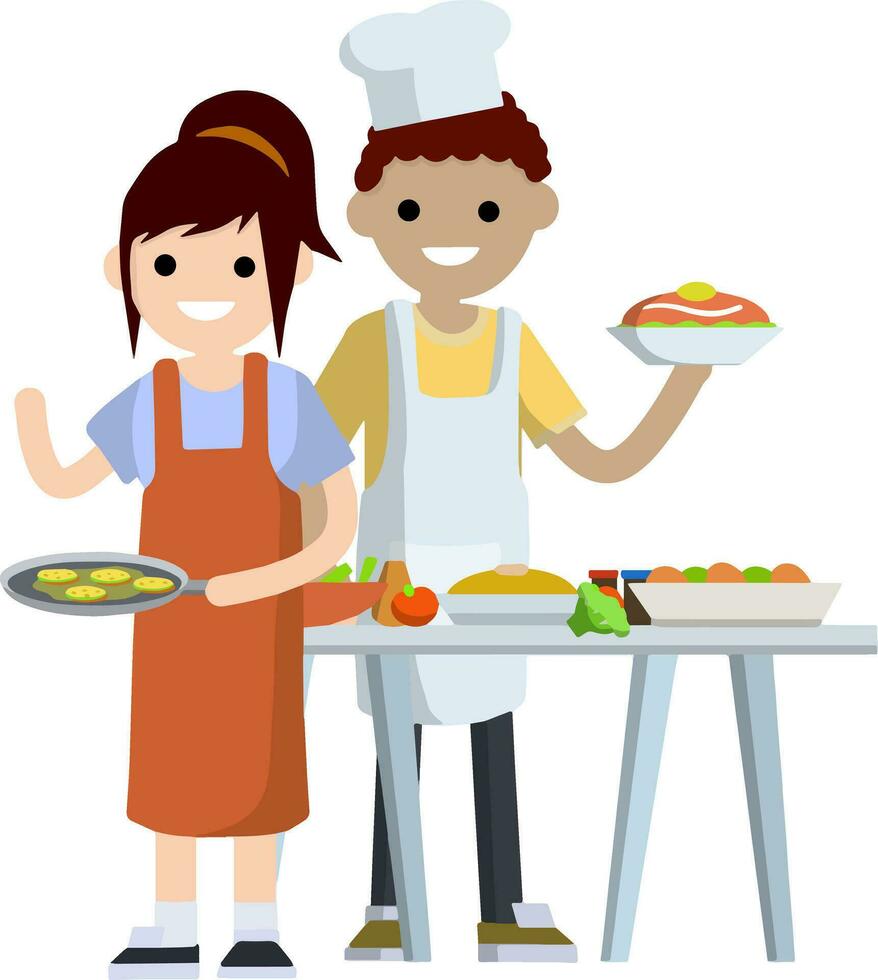 famille cuisiniers dans cuisine. homme cuisinier dans blanc tablier en portant assiette de délicieux. femme serveur dans rouge friture Crêpes dans poêle. le chef dans café et restaurant. dessin animé plat illustration vecteur