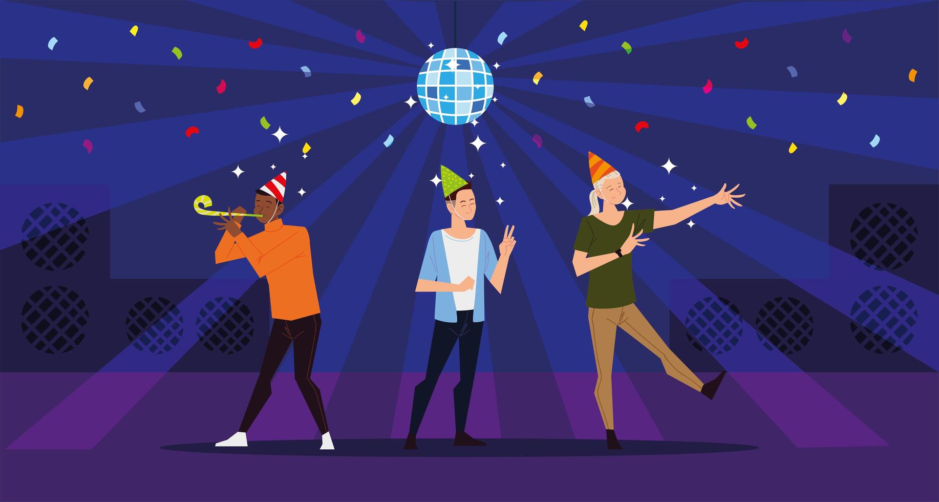 gens heureux de célébrer la fête avec boule disco et confettis vecteur