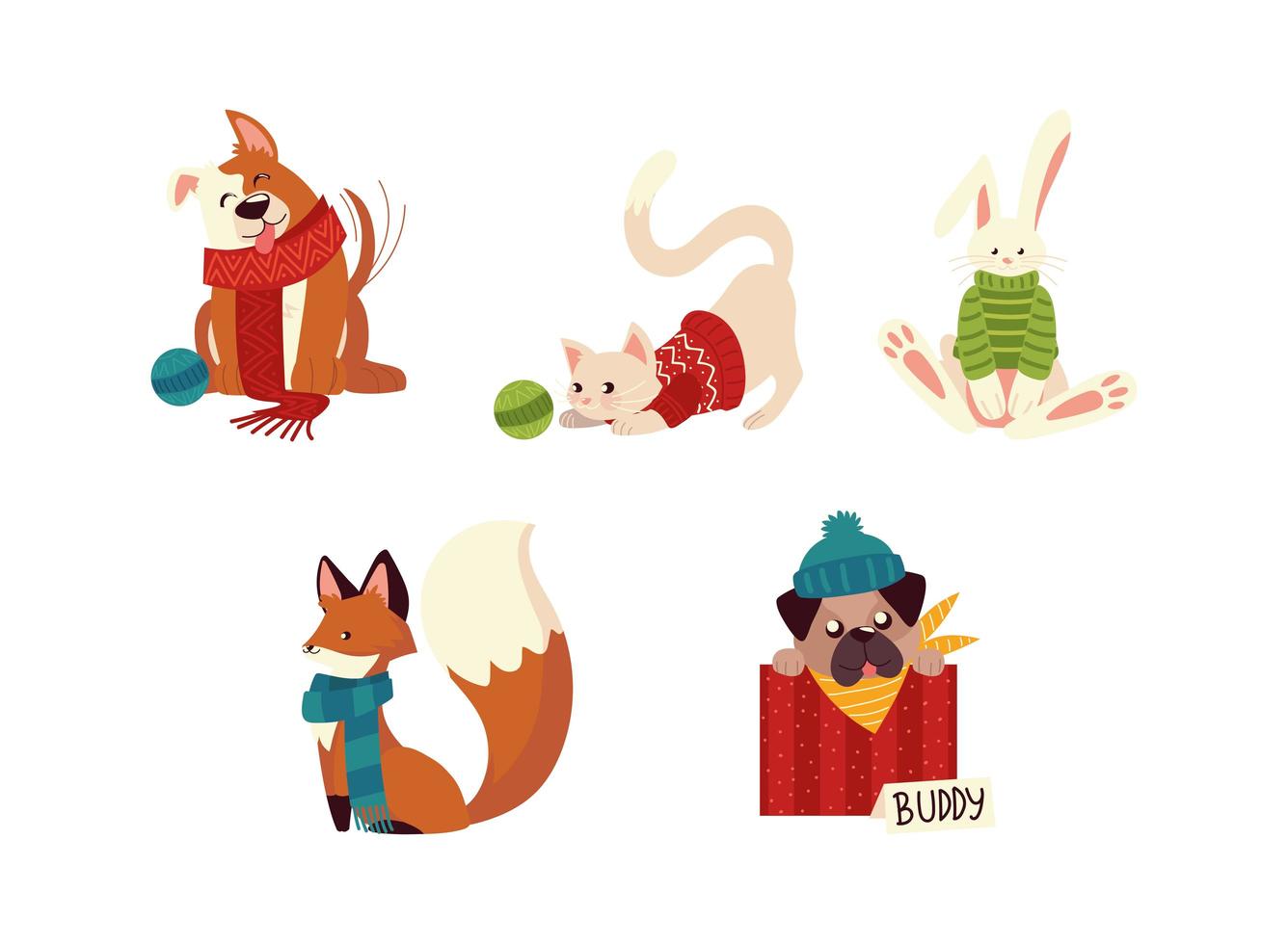 noël mignon chien chat renard et lapin avec chapeau et chandails dessin animé animal vecteur