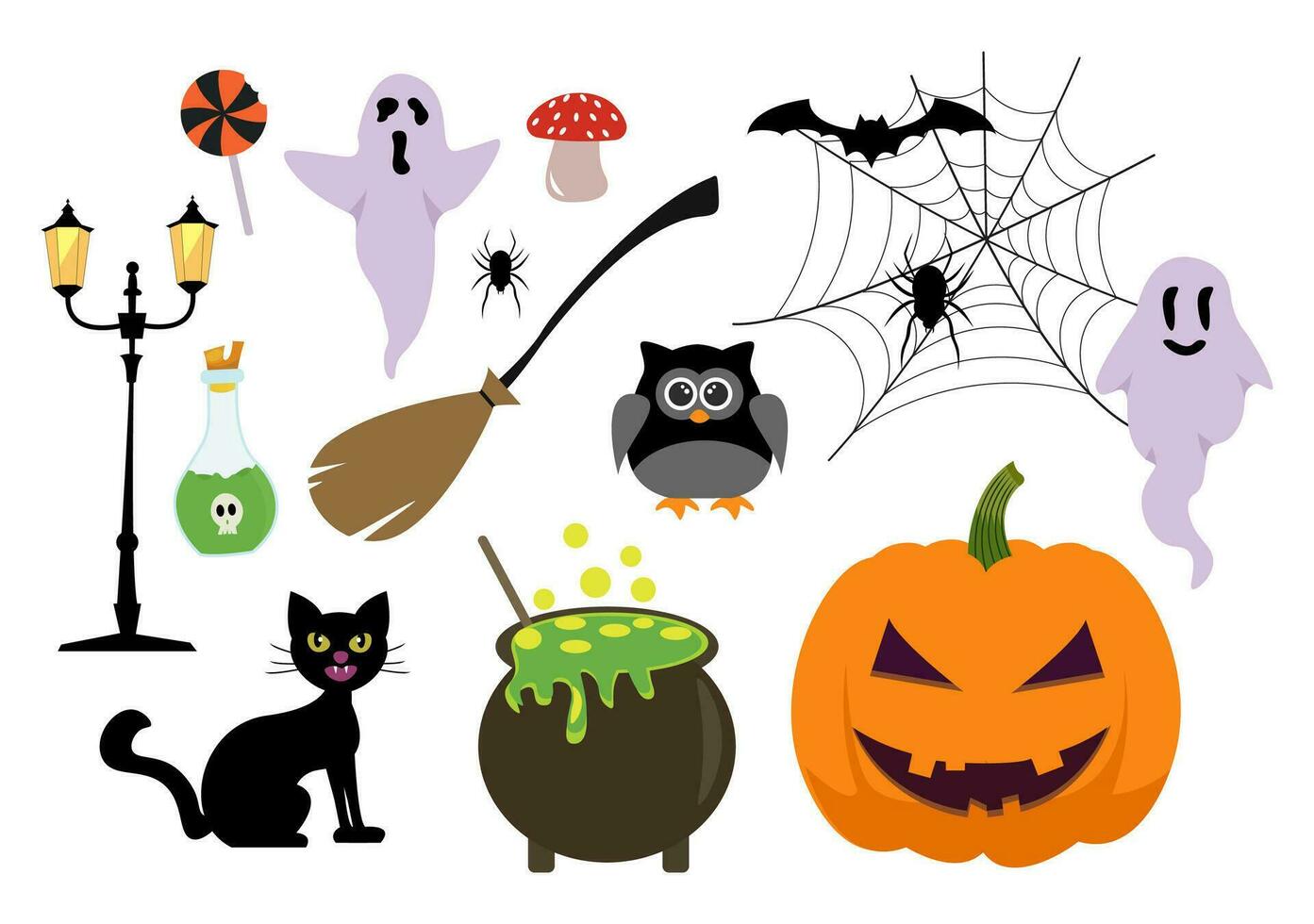 ensemble Halloween éléments vecteur illustration avec divers sortes de des choses comme des fantômes, citrouilles, crânes, des sucreries et plus dessin animé Contexte modèles