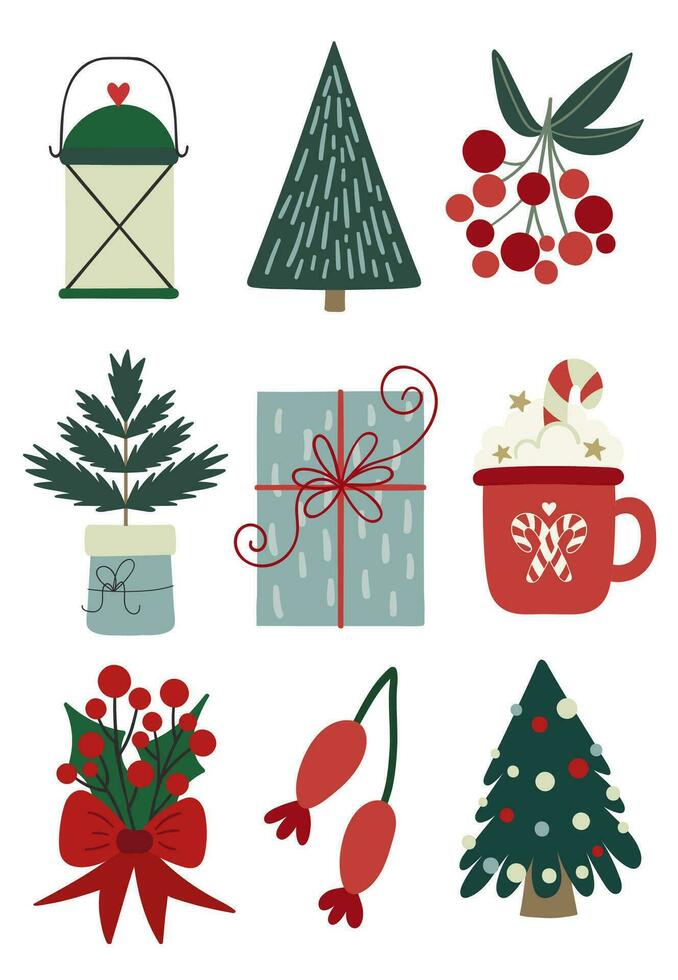 Noël hiver ensemble. ancien lanterne, Noël arbre, baie, Noël arbre dans une pot, cadeau boîte, chaud chocolat, du gui bouquet avec rouge arc, Rose hanche baie vecteur