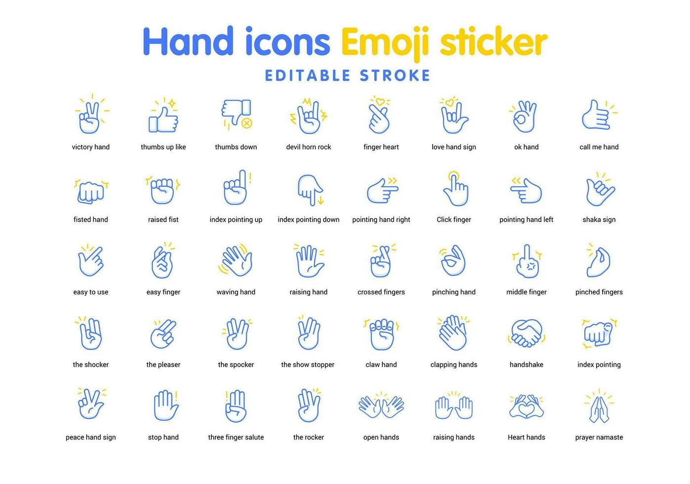 bleu Couleur main Icônes emoji autocollant vecteur