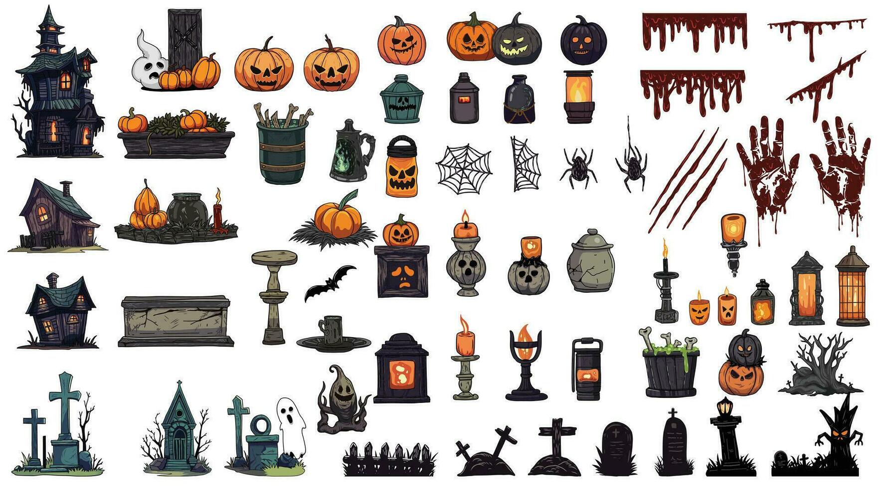 effrayant Halloween ornements et décorations illustration, mignon dessin animé style illustration pour enfants' vacances vecteur