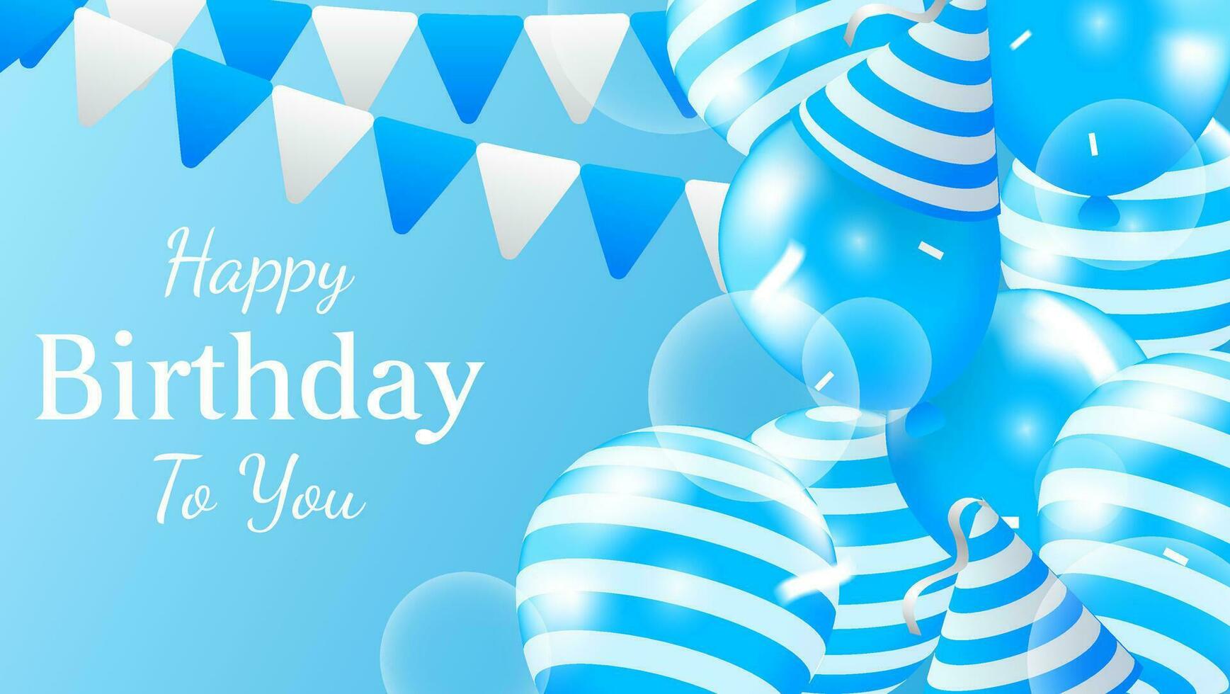 anniversaire salutation carte avec des ballons et confettis décoration dans bleu et blanc couleur. vecteur illustration