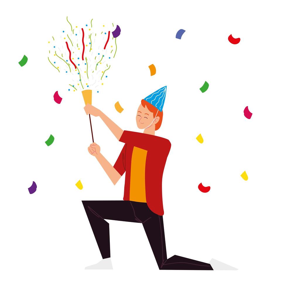 homme avec chapeau de fête et célébration de confettis de corne vecteur