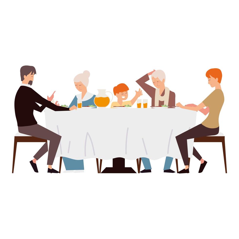 parents, grands-parents et fils ensemble s'assoient à table et dîner vecteur