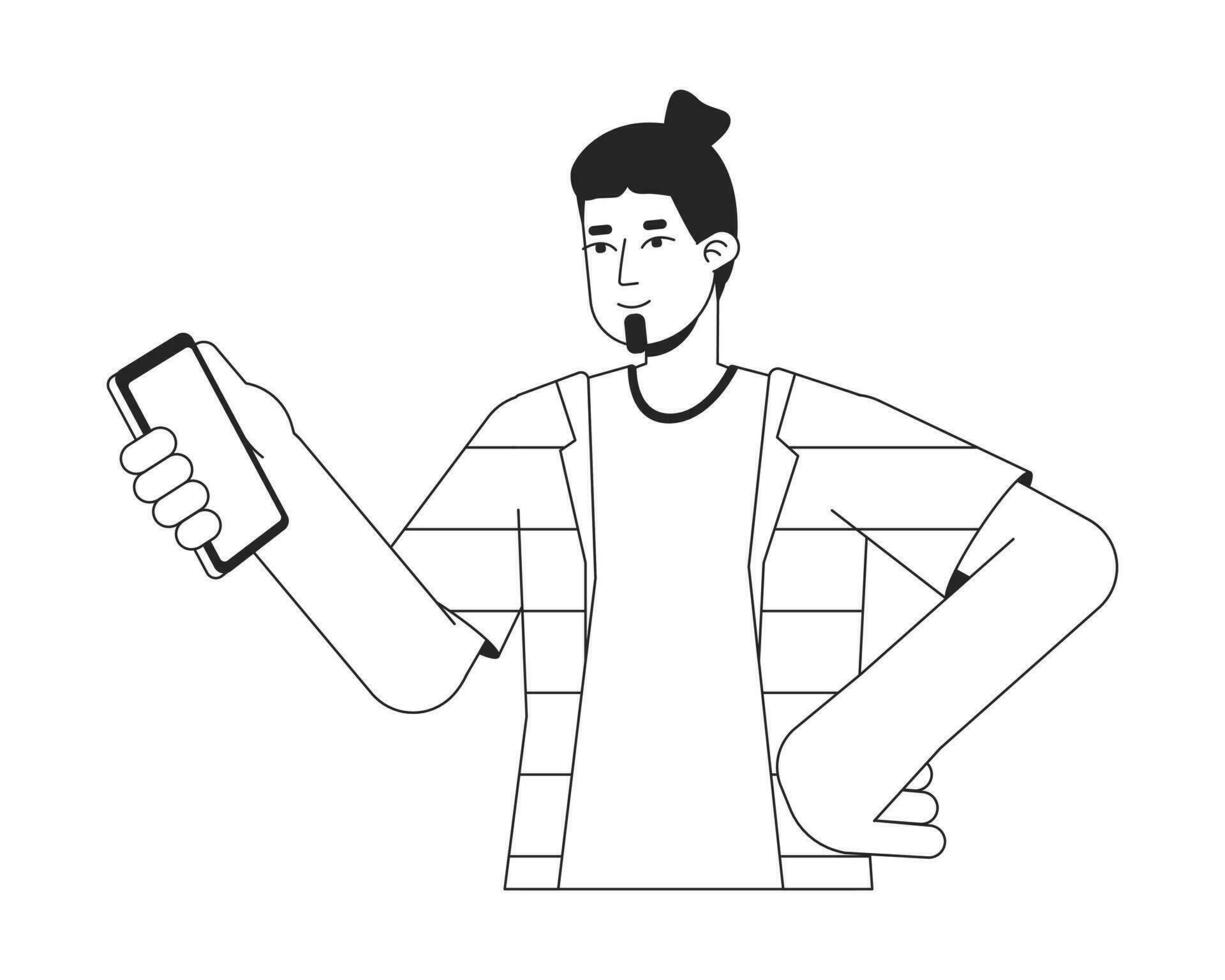 souriant caucasien homme à la recherche sur téléphone intelligent plat ligne noir blanc vecteur personnage. modifiable contour plein corps personne. main sur taille Facile dessin animé isolé place illustration pour la toile graphique conception