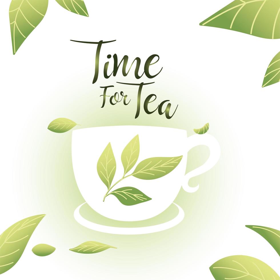 temps pour le thé avec une tasse et des feuilles de conception vectorielle vecteur