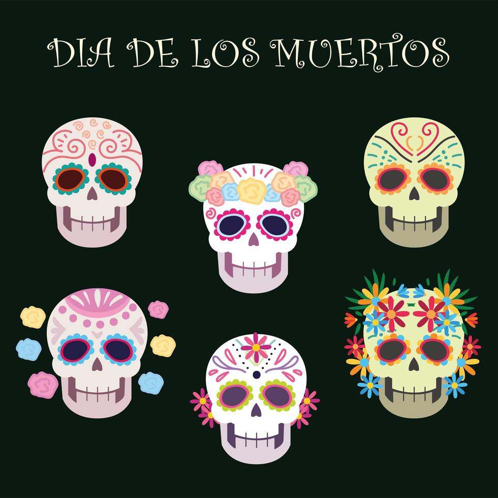 jour des morts, crânes en sucre décoration fleurs célébration mexicaine vecteur