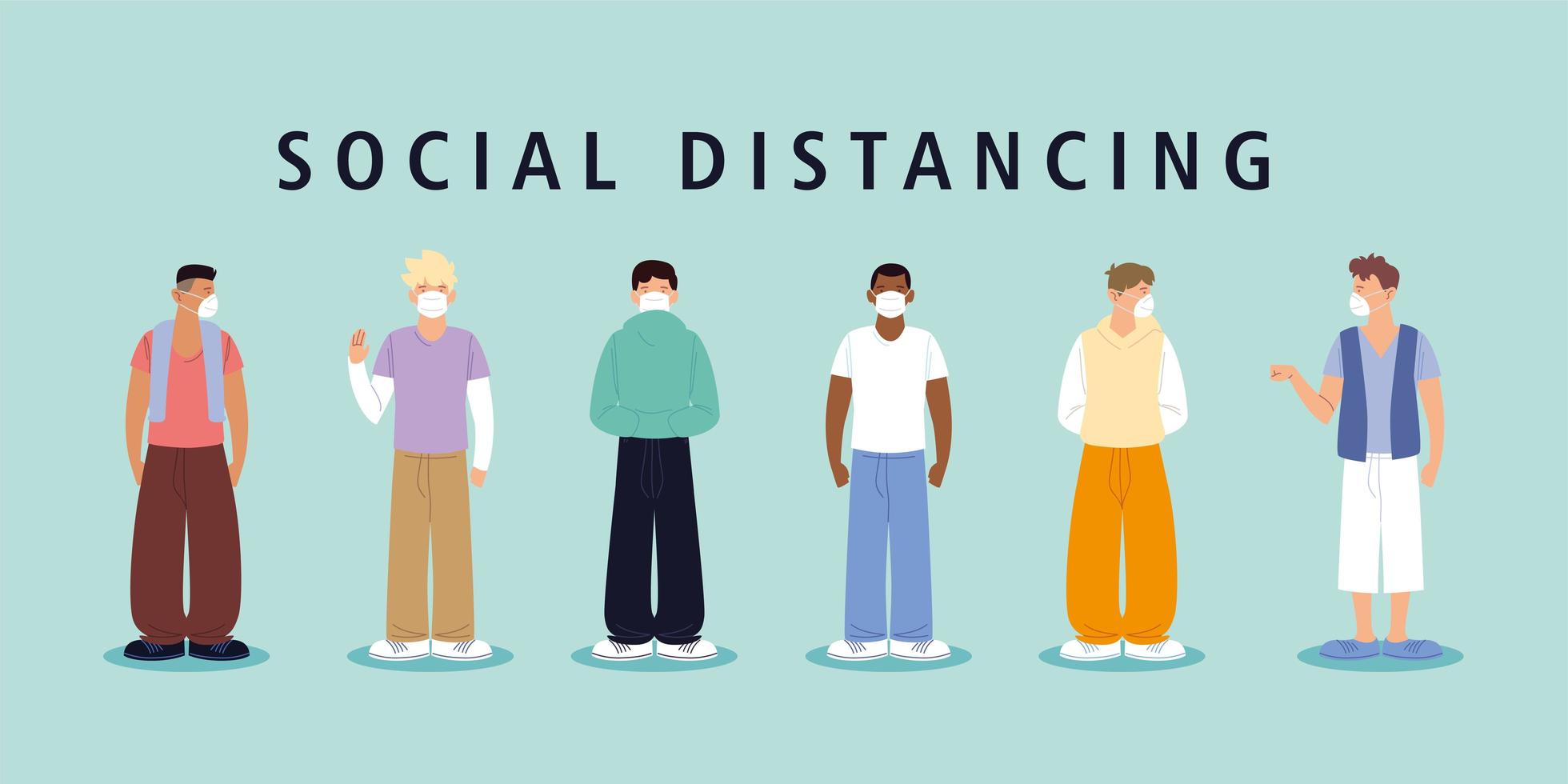 distanciation sociale, les hommes avec des masques gardent leurs distances pendant le coronavirus covid 19 vecteur