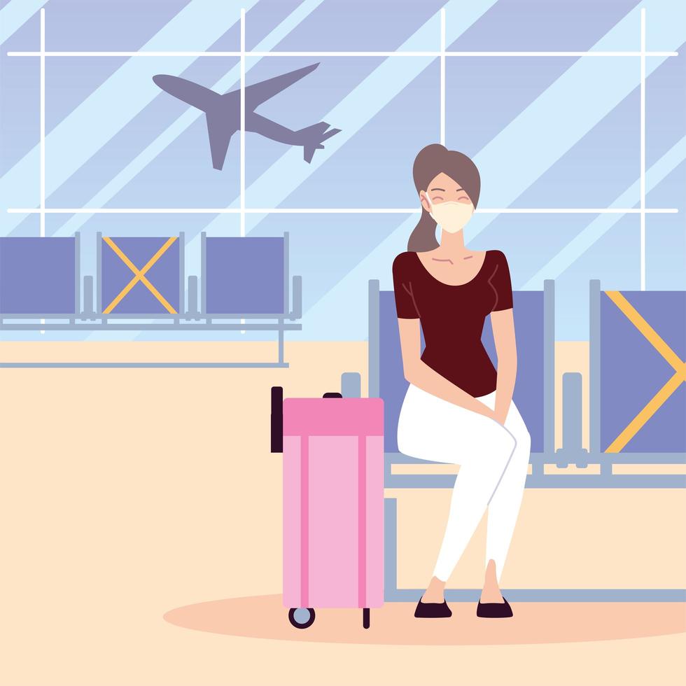 aéroport nouvelle normale, femme assise avec masque de protection et valise vecteur