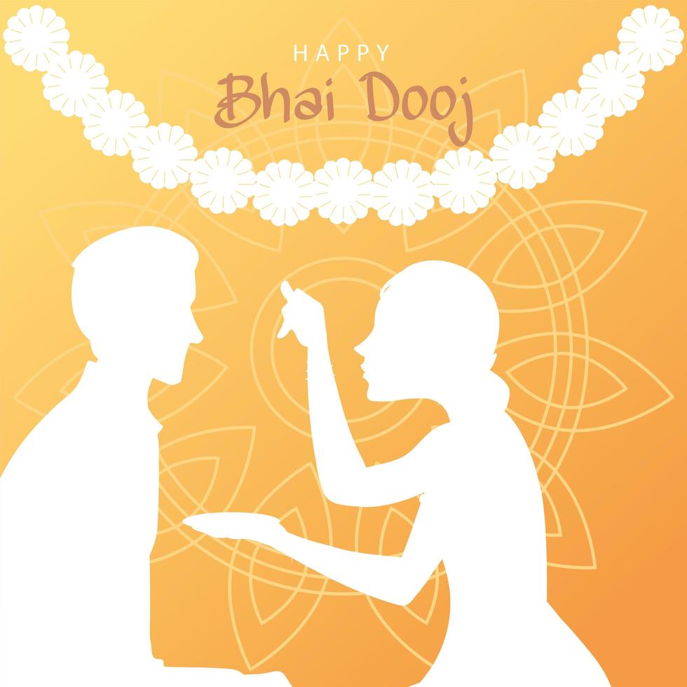 heureux bhai dooj avec une femme indienne et une silhouette d'homme avec un dessin vectoriel de fleurs