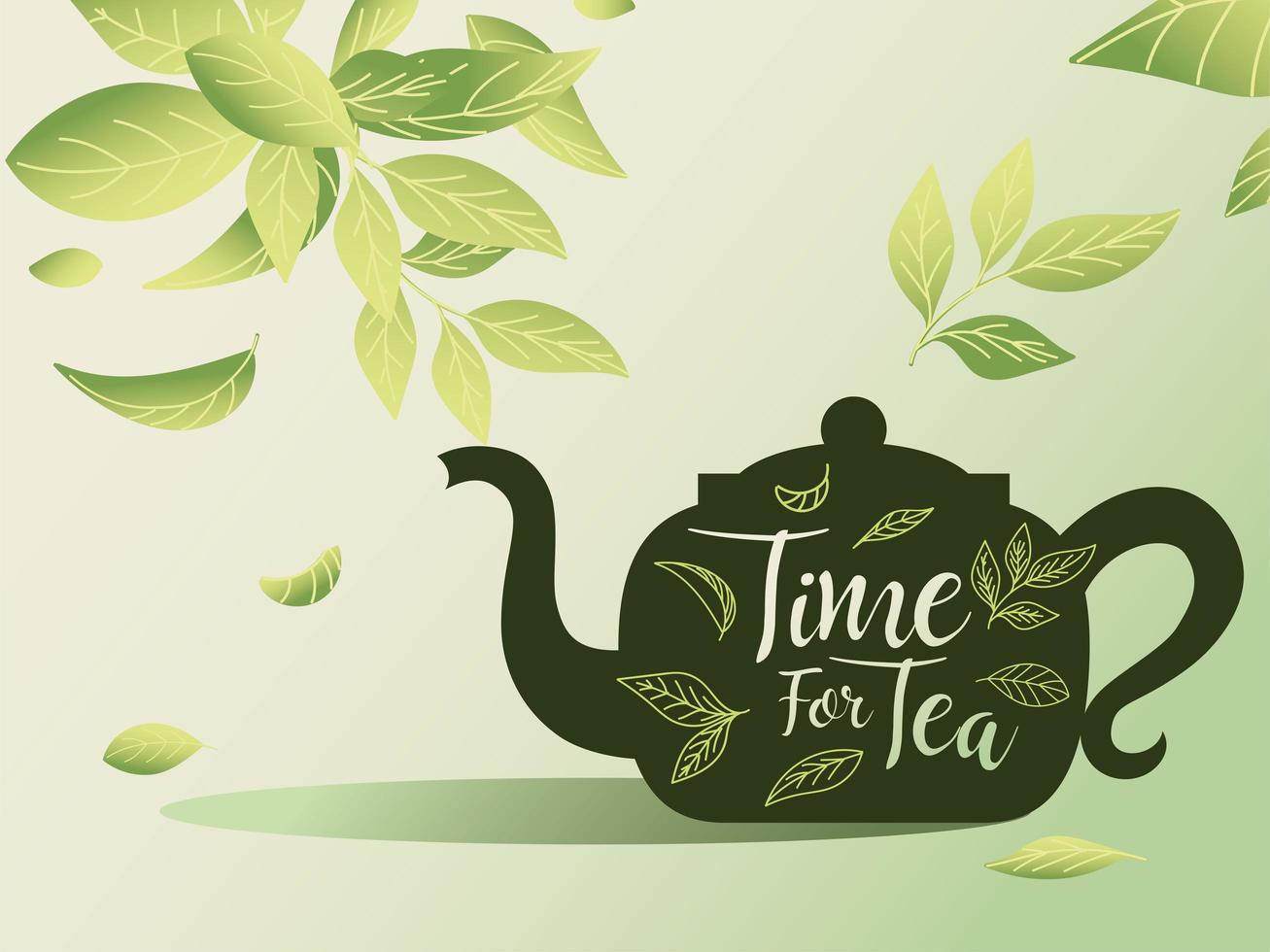 temps pour le thé avec pot et feuilles vecteur