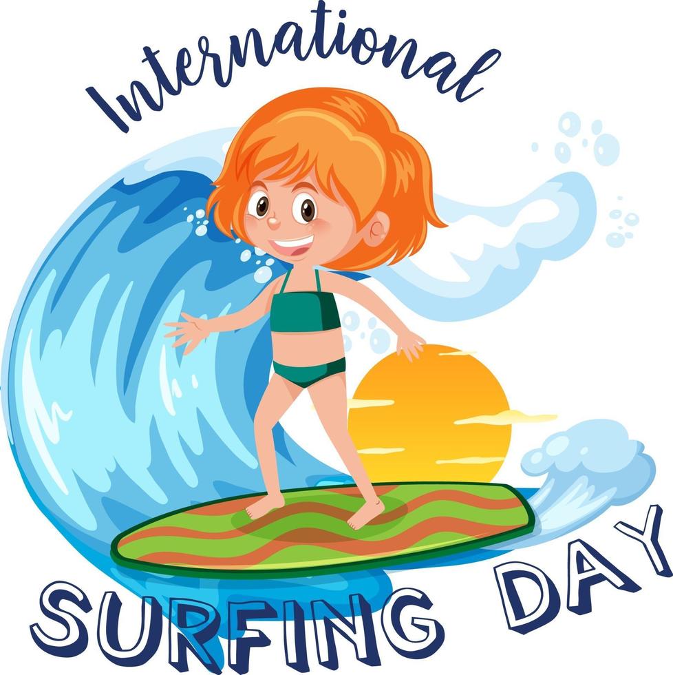 police de la journée internationale du surf avec un personnage de dessin animé de surf fille vecteur