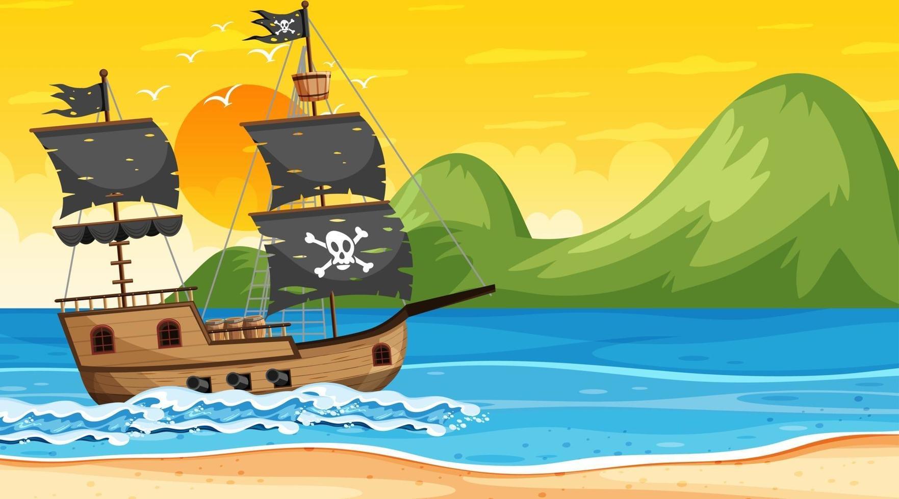 océan avec bateau pirate à la scène du coucher du soleil en style cartoon vecteur