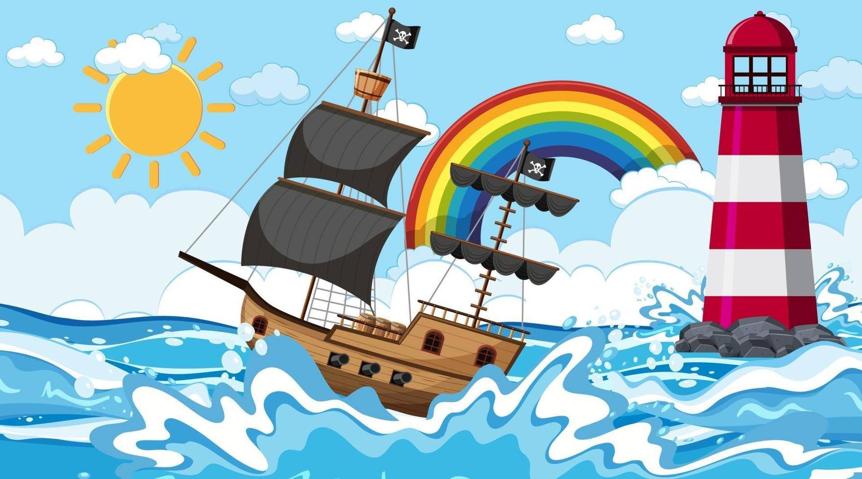 océan avec bateau pirate à la scène de jour en style cartoon vecteur