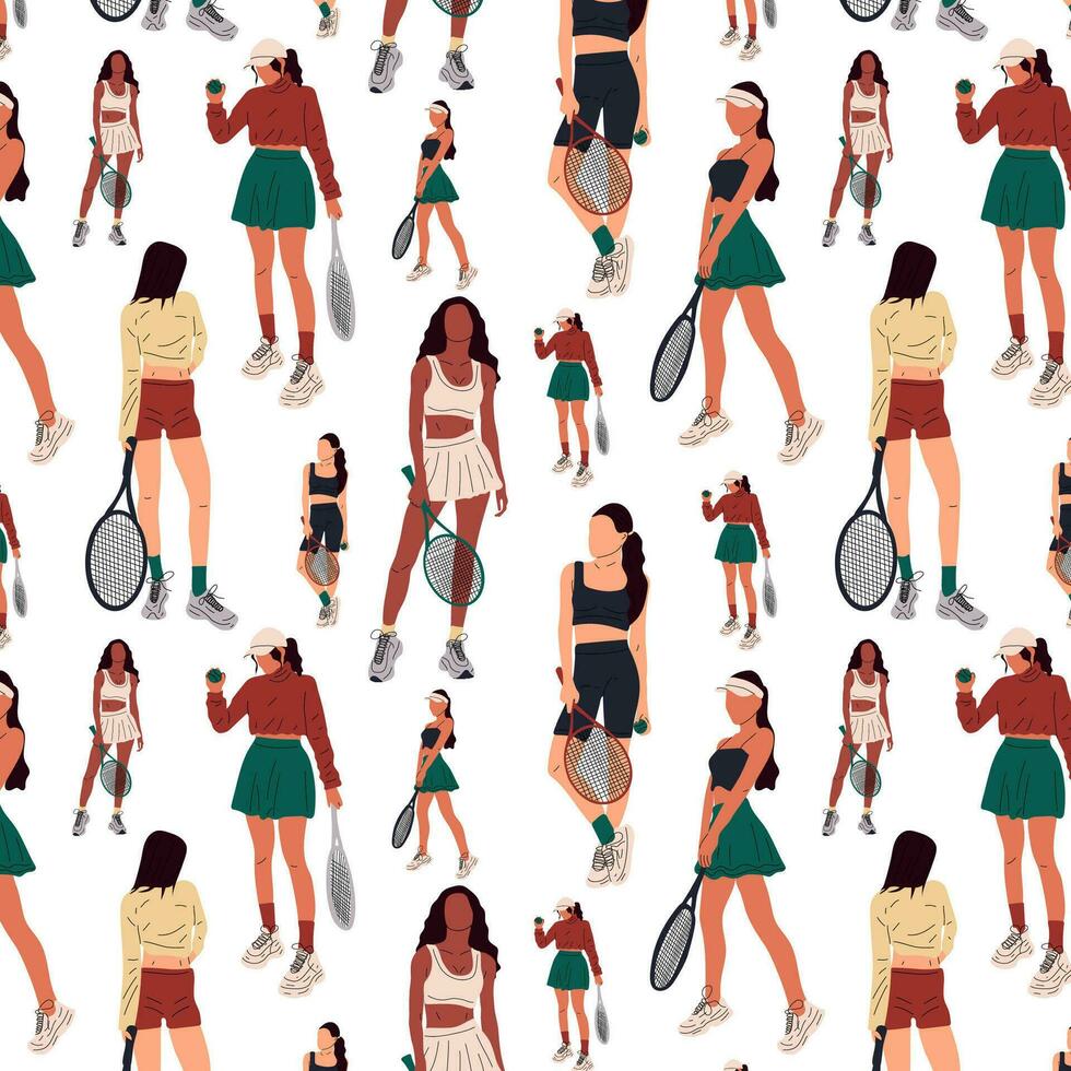 sans couture modèle avec coloré les femmes sportives gros tennis joueur. professionnel des sports femelle en portant raquette et frappe Balle isolé sur blanche. fille personnage dans branché tenue de sport vecteur