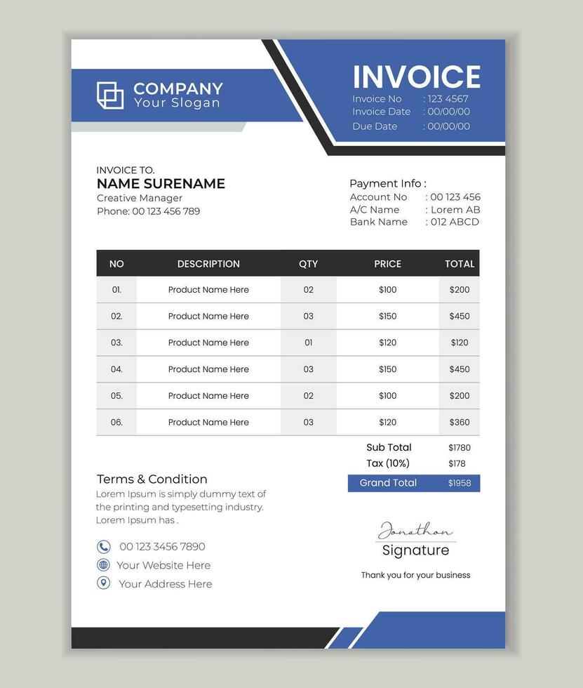 entreprise affaires facture d'achat conception vecteur modèle. minimal entreprise affaires facture d'achat conception modèle facture forme prix facture, affaires papeterie conception Paiement accord conception.