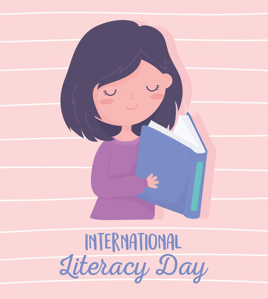 journée internationale de l'alphabétisation, livre de lecture de jolie fille, fond rayé vecteur
