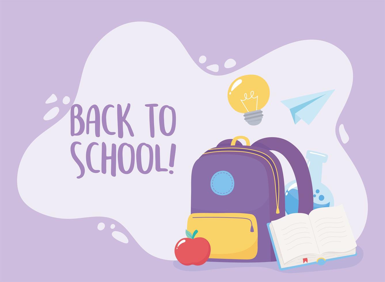 retour à l'école, sac à dos avion en papier livre pomme et flacon de chimie, dessin animé de l'enseignement primaire vecteur
