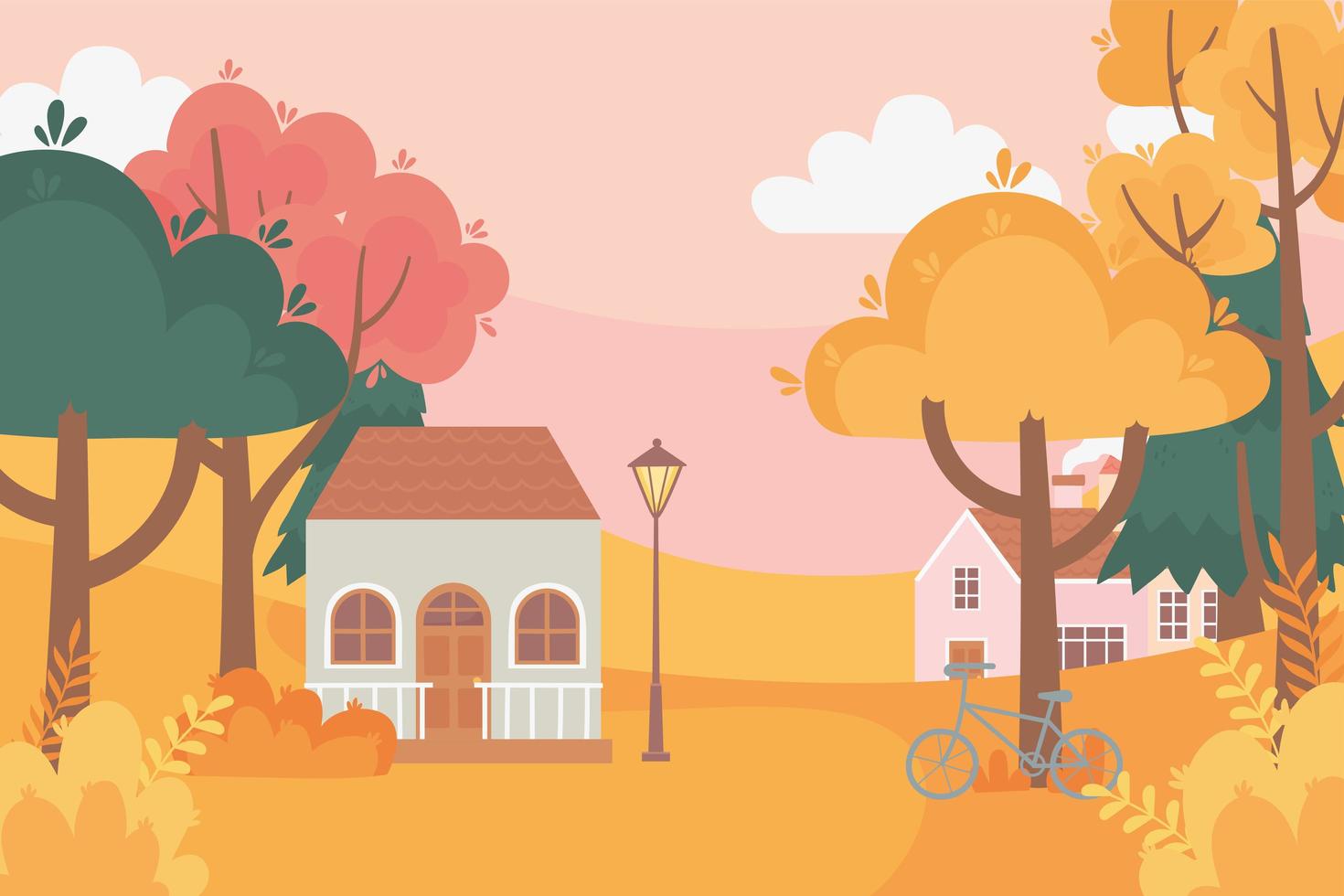paysage en automne nature scène, maisons vélo lampadaire arbres forêt prairie vecteur