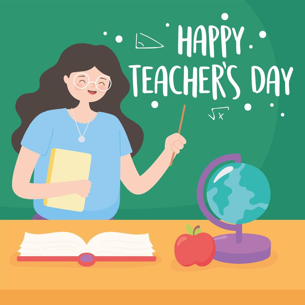 bonne journée des enseignants, enseignant en classe avec livre de cartes au tableau et pomme vecteur