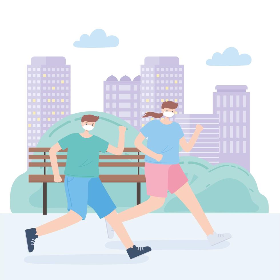 personnes avec masque médical, femme qui court et garçon faisant du skate dans le parc, activité de la ville pendant le coronavirus vecteur