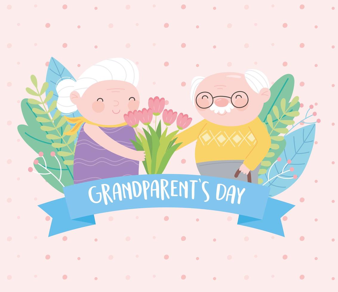 bonne fête des grands-parents, grand-mère drôle et grand-père avec carte de dessin animé de fleurs vecteur