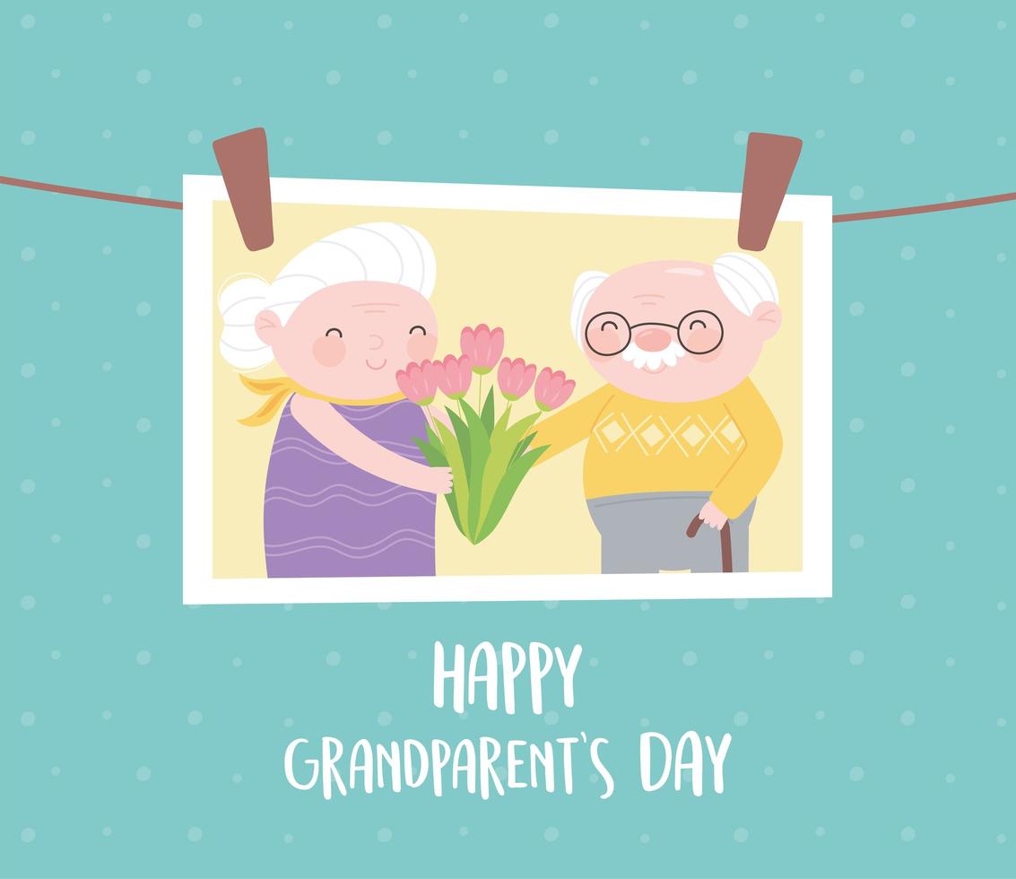 bonne fête des grands-parents, photo suspendue avec vieux couple avec carte de dessin animé de fleurs vecteur