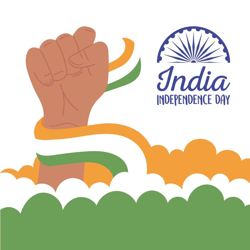 joyeux jour de l'indépendance de l'inde, main levée avec un drapeau ondulant célébration patriotique vecteur