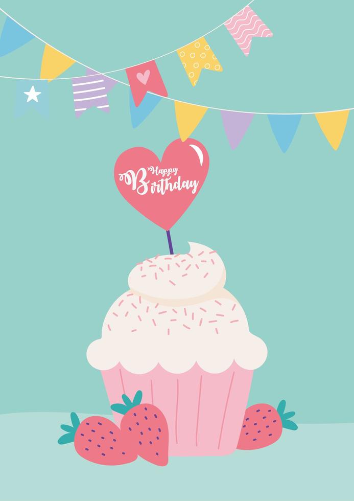 joyeux anniversaire, cupcake fraise fruits coeur et fanions décoration fête de célébration vecteur