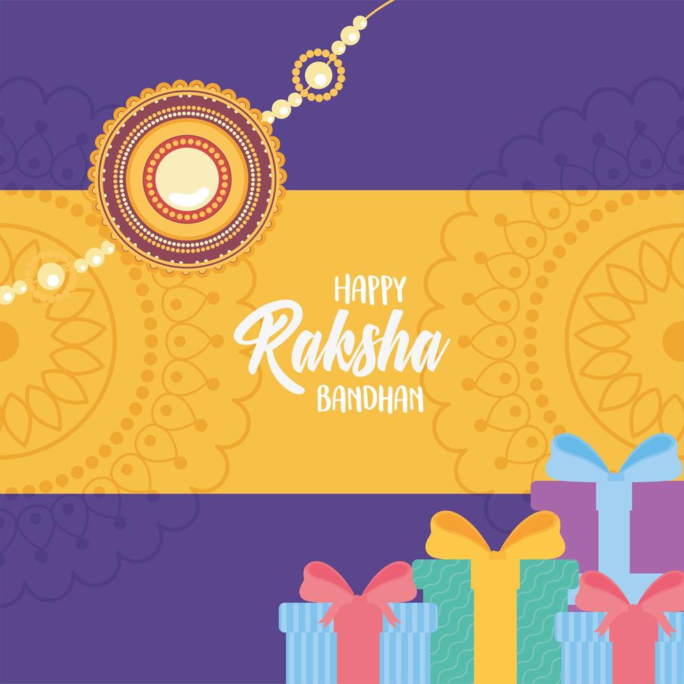 raksha bandhan, coffrets cadeaux bracelet et décoration mandala d'amour frères et soeurs fête indienne vecteur