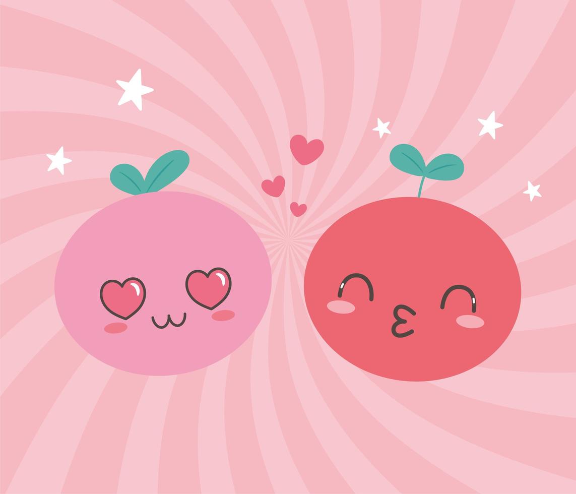 Kawaii fruits baiser amour expression faciale cartoon vecteur