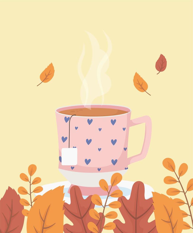 café et thé, tasse avec décoration de coeurs sur plat et feuilles vecteur