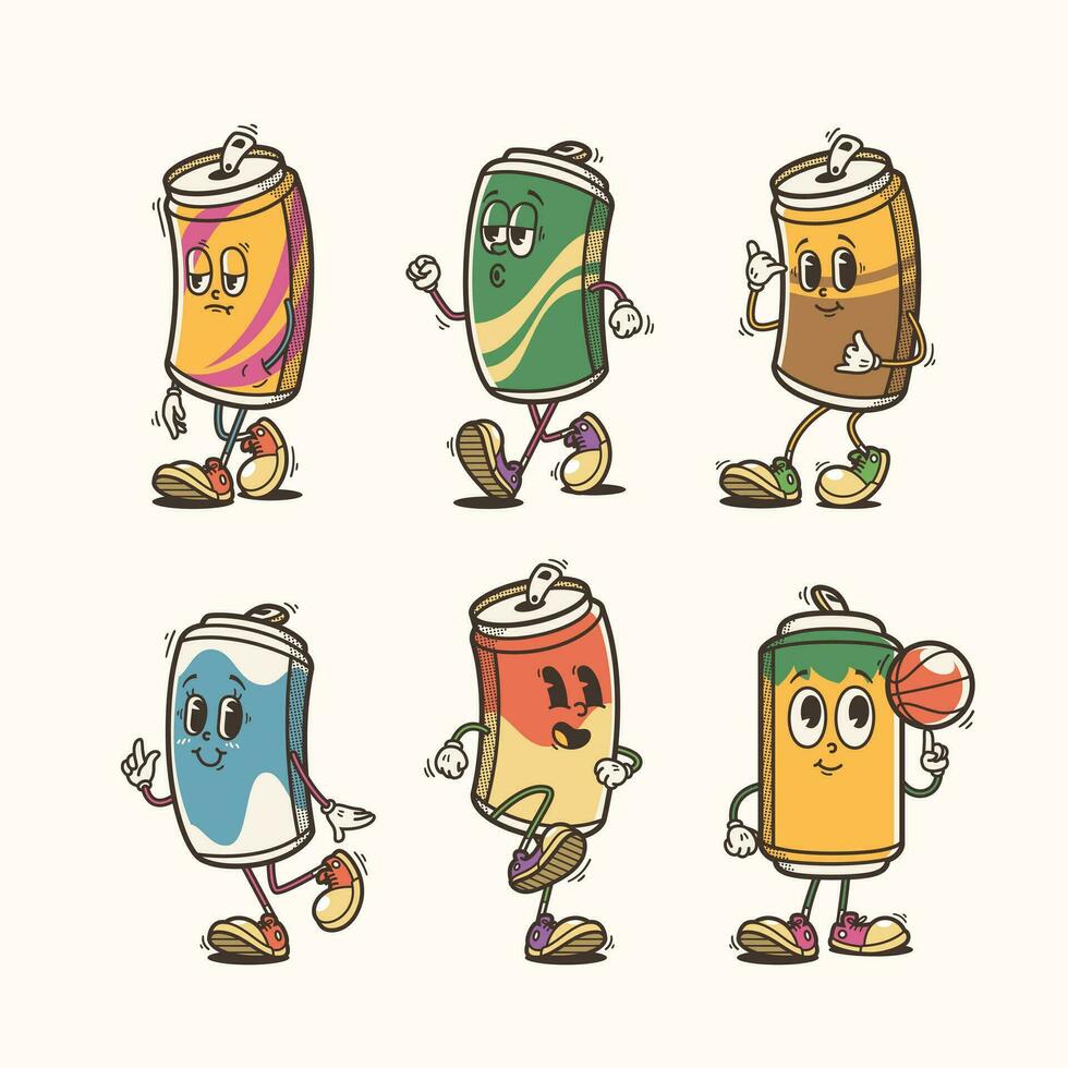 ensemble de traditionnel un soda pouvez dessin animé illustration avec varié pose et expressions vecteur