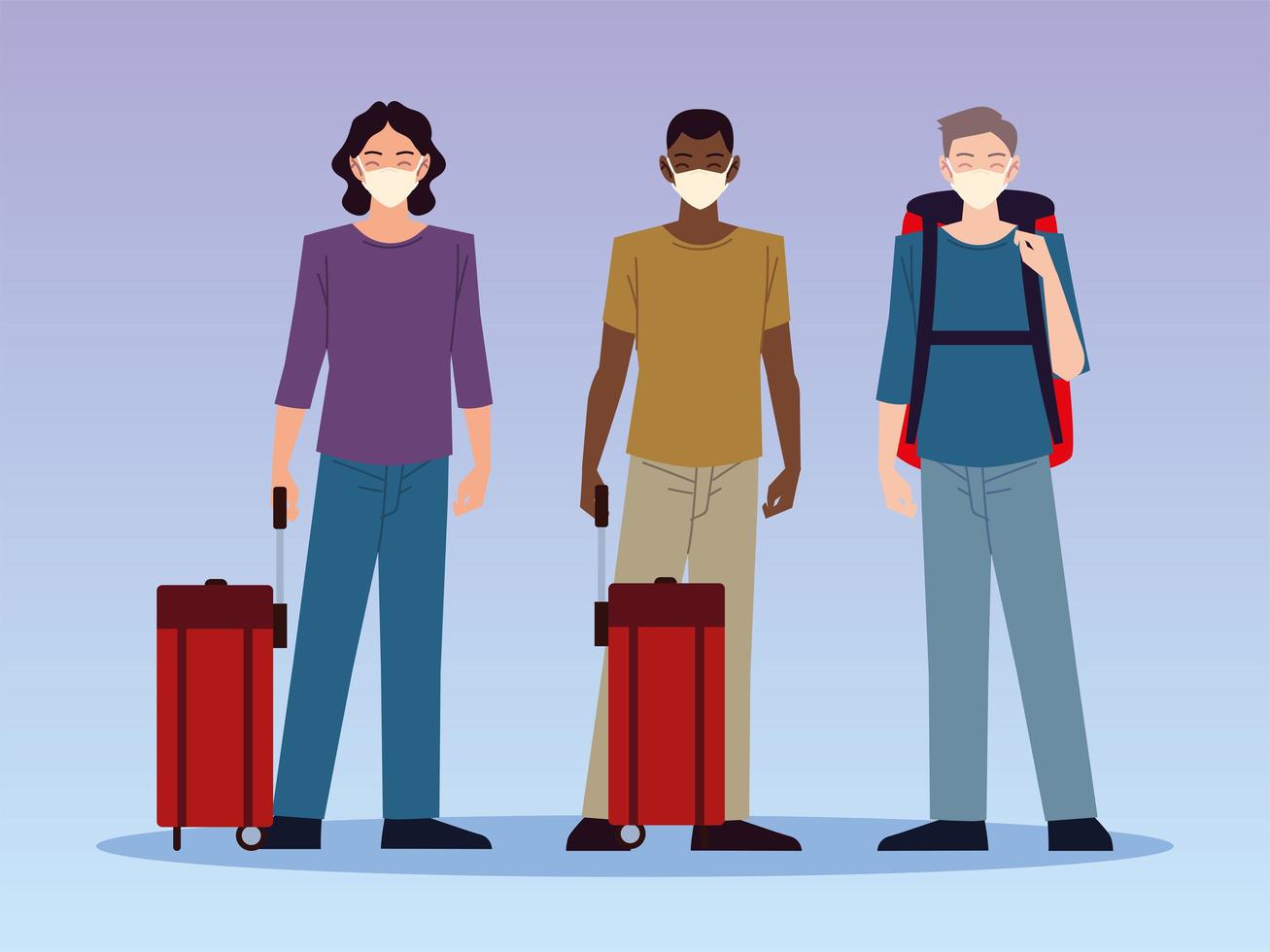 aéroport nouvelle normale, personnages de jeunes hommes voyageurs avec masques et bagages vecteur