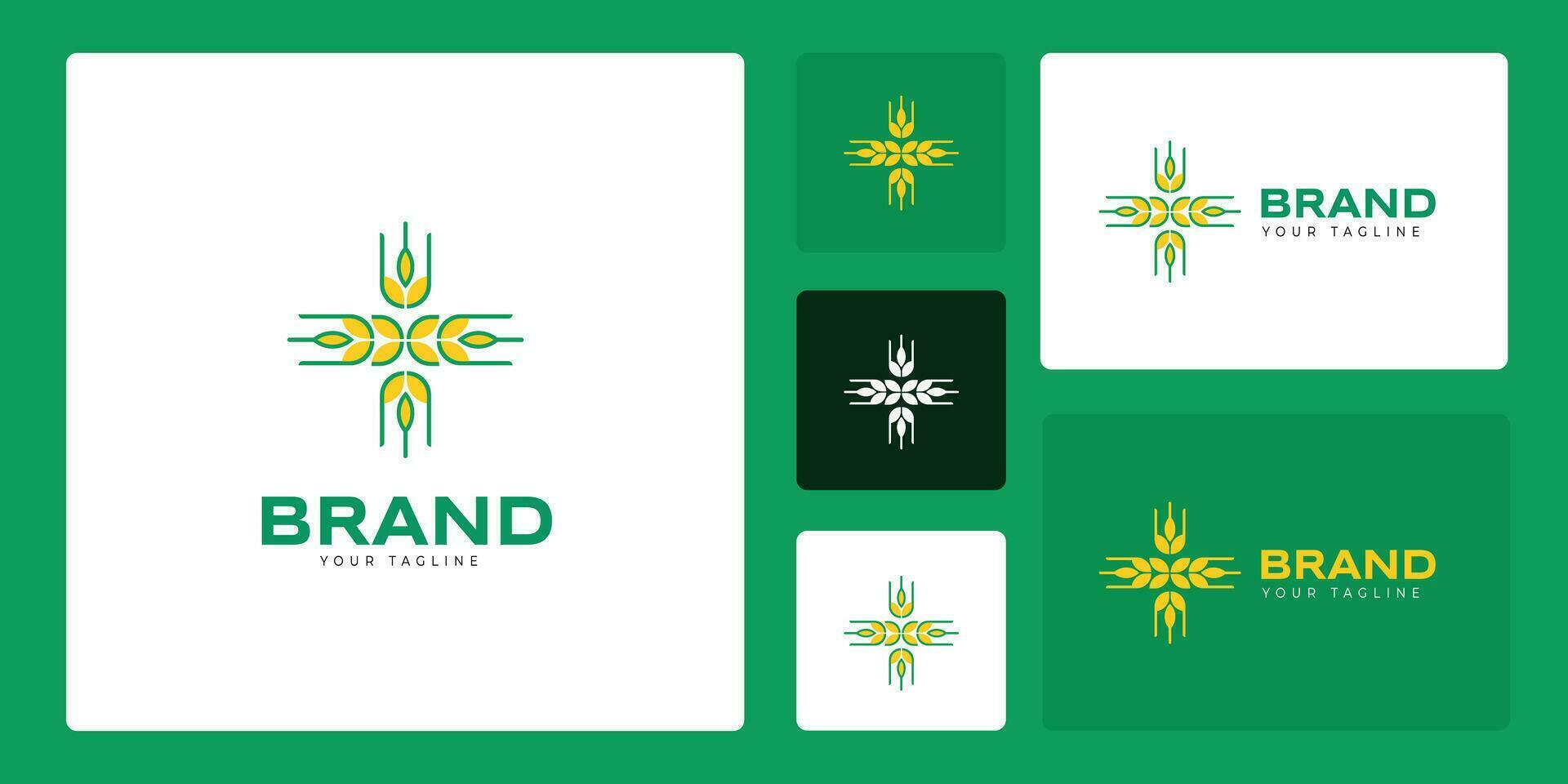 riz ou blé ferme logo conception. le conception est dans le forme de un icône ou modèle avec une combinaison de vert et Jaune. vecteur