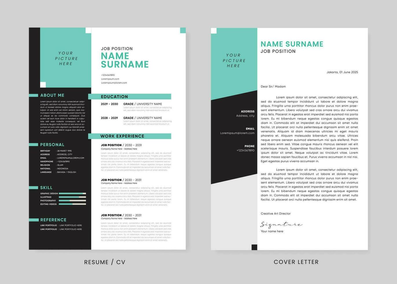 minimaliste CV reprendre et couverture lettre conception modèle. curriculum vitae nettoyer et clair professionnel moderne conception. élégant minimaliste éléments et Icônes avec bleu cyan, et noir couleurs. vecteur