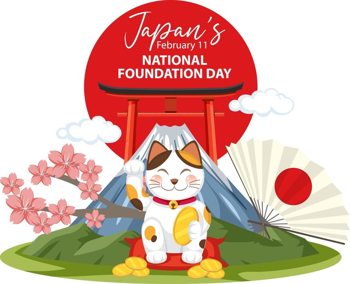 bannière de la journée nationale de la fondation du japon avec un chat japonais vecteur