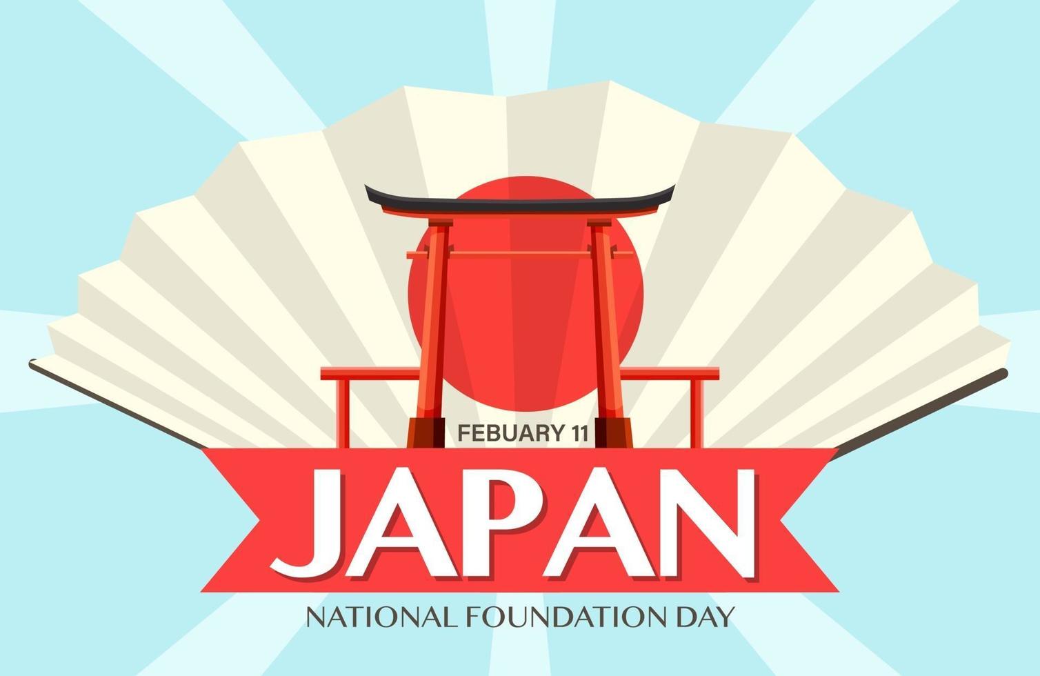bannière de la journée de la fondation nationale du japon avec un ventilateur japonais et un fond de rayons bleus vecteur