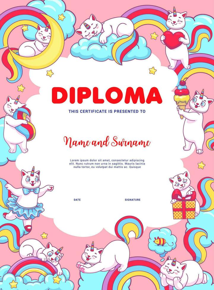 des gamins diplôme avec mignonne dessin animé caticorn chats vecteur