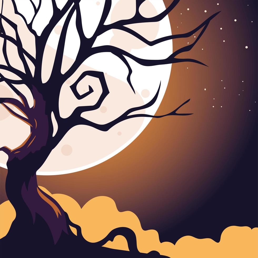 fond de nuit sombre halloween avec pleine lune et arbre effrayant vecteur