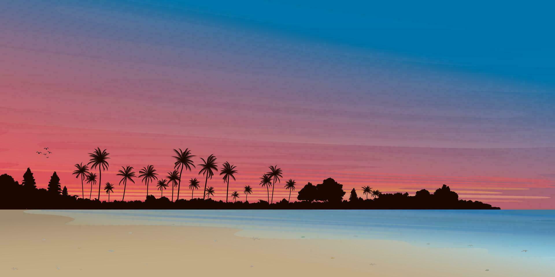 paysage marin le coucher du soleil vecteur illustration avoir Vide espace à le ciel. bord de mer paysage avec paume des arbres, océan côte, plage et spectaculaire ciel plat conception.