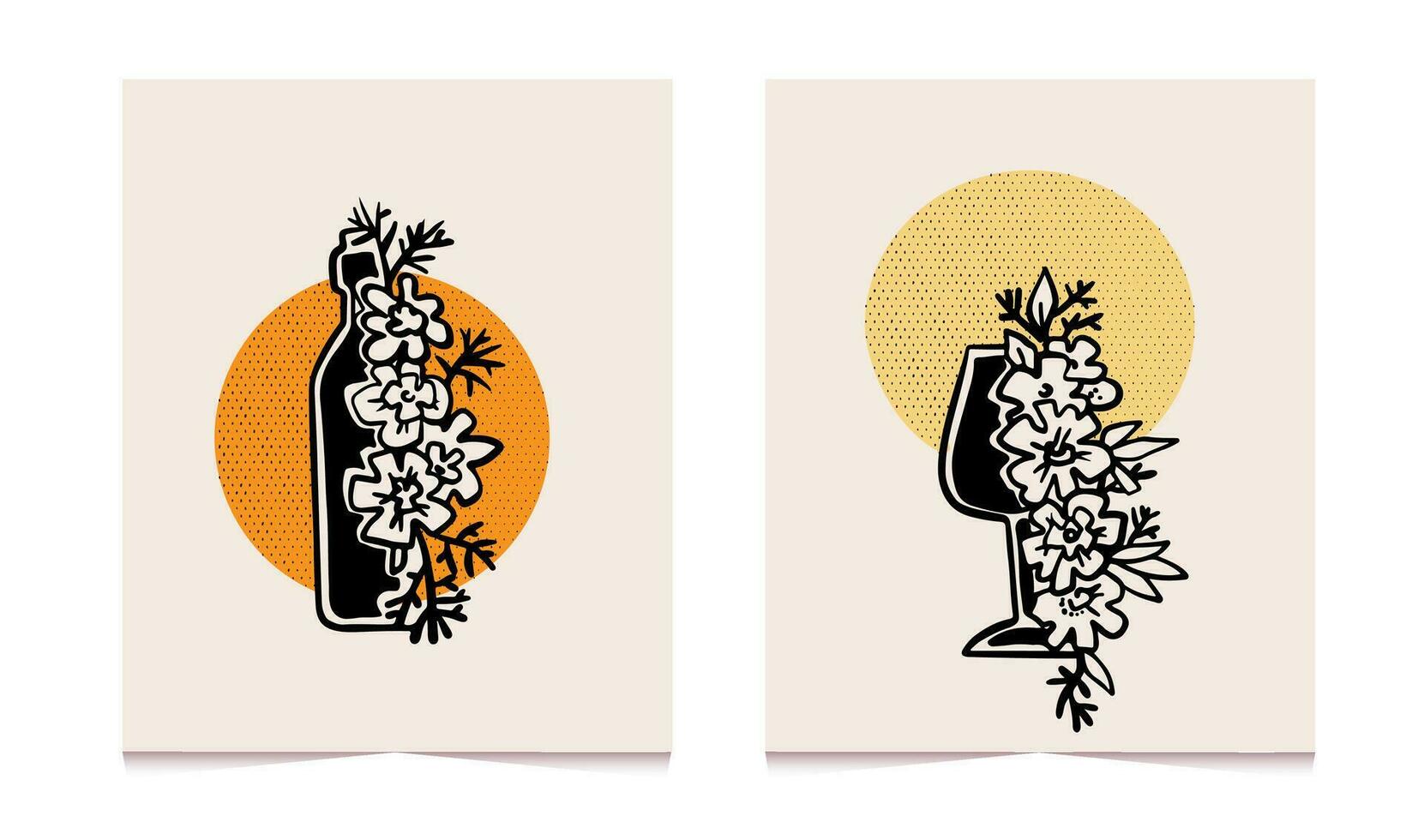 ancien ensemble de du vin emblème pour votre projets. bouteille, verre, fleurs, le coucher du soleil. abstrait illustration. vecteur