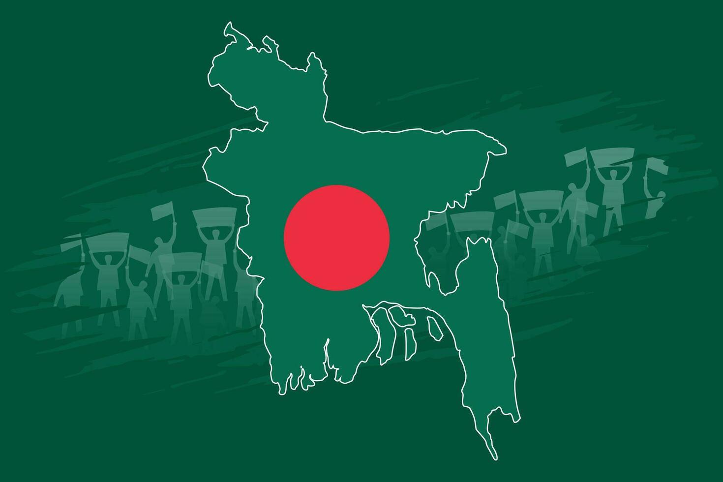 manifestants derrière bangladesh carte, une magnifique nationale conception avec rouge et vert couleurs. commémorer le foncé récit de 1971 et adapté pour beaucoup nationale vacances. vecteur